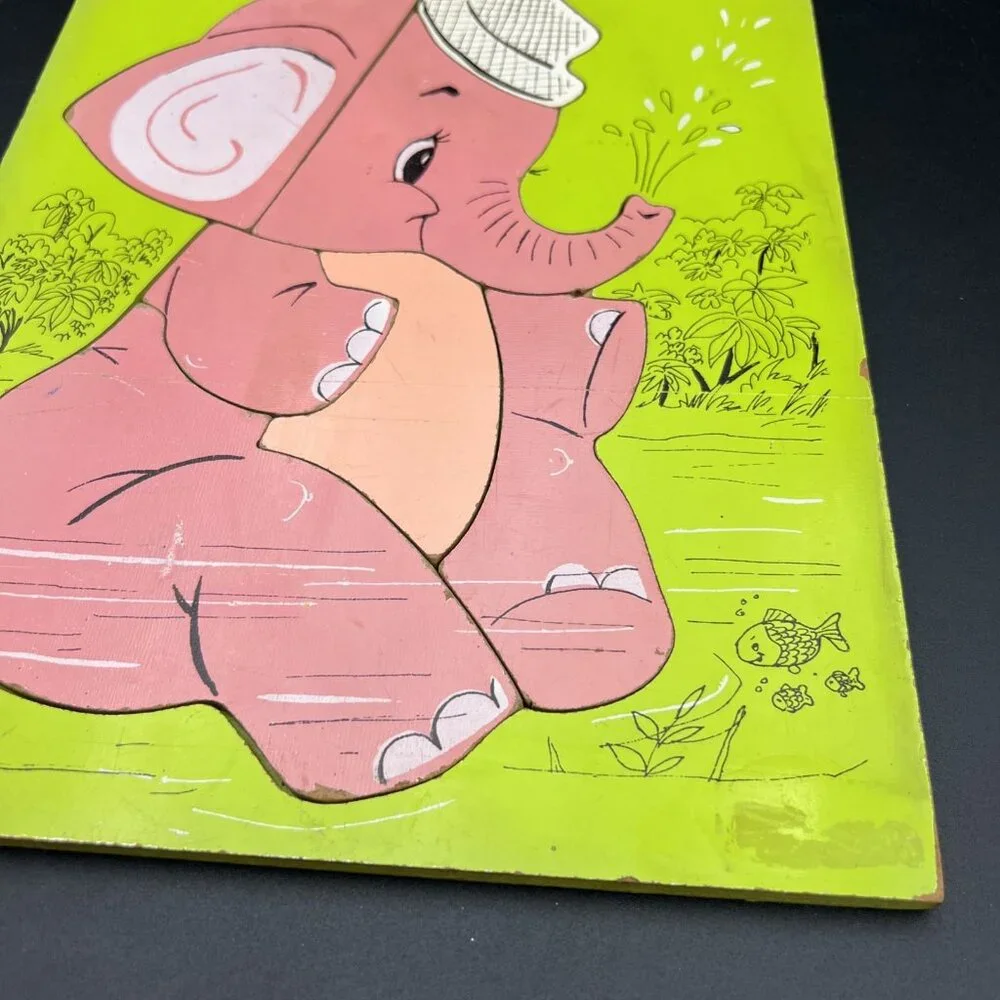 Vintage Green Playskool 275-36 Pink Elephant Wooden Puzzle